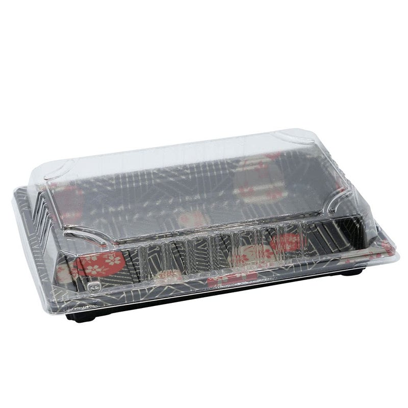 EcoQuality Large Black Sushi Trays with Lids 85 x 55 Inch  Disposable Sushi Packaging Box Carry Out Container Take Out Boxes Black Plastic To Go Containers Entrees Appetizers or Desserts 50