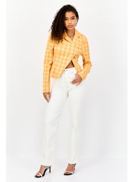 Collusion Women Regular Fit Checkered Semi-Formal Blazer, Orange  - Image 4