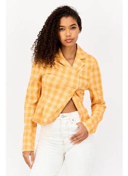 Collusion Women Regular Fit Checkered Semi-Formal Blazer, Orange  - Image 1