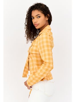 Collusion Women Regular Fit Checkered Semi-Formal Blazer, Orange  - Image 3