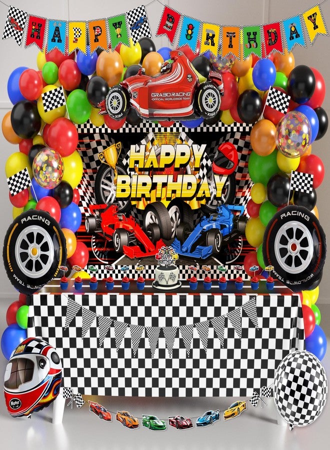 Fayoo 105Pcs Race Car Birthday Party Decorations, Race Car Balloon Garland Kit and Checkered Flag Party Supplies, Cupcake Toppers Party Decorations Set for Boys Girls Car Party Theme Decoration - Image 1