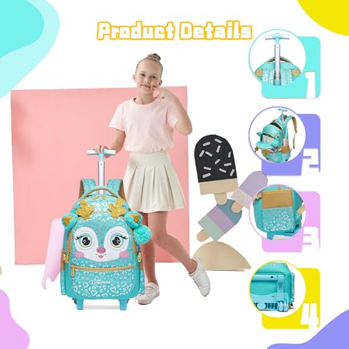 Meetbelify Girls Rolling Backpack with Wheels for Elementary Preschool Students Kids 3 in 1 Travel Luggage Carry on Suitcase with Lunch Box Pencil Case for Girls Age 8-10 - Image 4