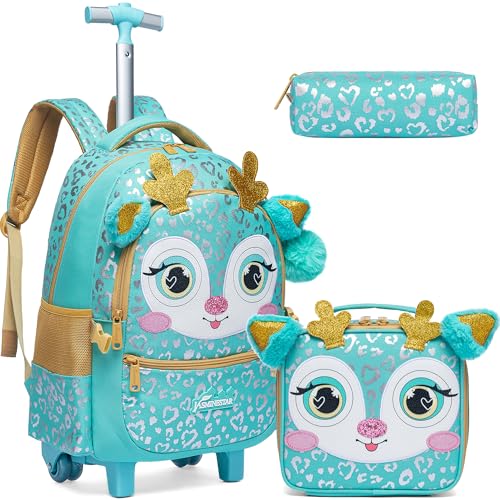 Meetbelify Girls Rolling Backpack with Wheels for Elementary Preschool Students Kids 3 in 1 Travel Luggage Carry on Suitcase with Lunch Box Pencil Case for Girls Age 8-10 - Image 1