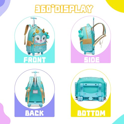 Meetbelify Girls Rolling Backpack with Wheels for Elementary Preschool Students Kids 3 in 1 Travel Luggage Carry on Suitcase with Lunch Box Pencil Case for Girls Age 8-10 - Image 3