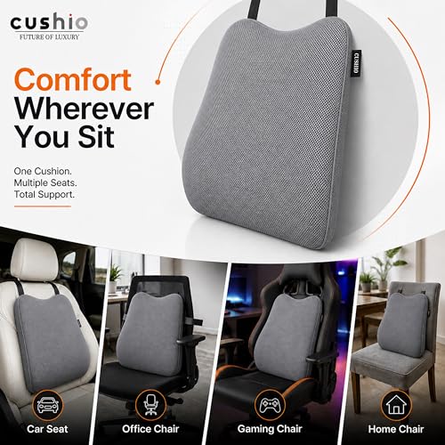 CUSHIO Memory Foam Car Seat Cushion for Back Support, Ergonomic Lumbar Support for Car Seat & Office Chair, Car Back Support Cushion, Chair Cushion for Pain Relief & Posture (Grey) - Image 2