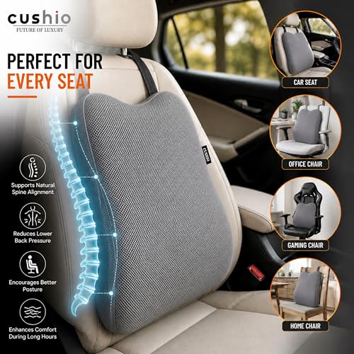 CUSHIO Memory Foam Car Seat Cushion for Back Support, Ergonomic Lumbar Support for Car Seat & Office Chair, Car Back Support Cushion, Chair Cushion for Pain Relief & Posture (Grey) - Image 5