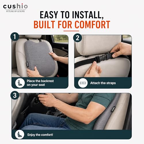 CUSHIO Memory Foam Car Seat Cushion for Back Support, Ergonomic Lumbar Support for Car Seat & Office Chair, Car Back Support Cushion, Chair Cushion for Pain Relief & Posture (Grey) - Image 4