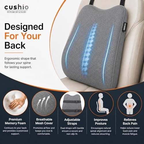 CUSHIO Memory Foam Car Seat Cushion for Back Support, Ergonomic Lumbar Support for Car Seat & Office Chair, Car Back Support Cushion, Chair Cushion for Pain Relief & Posture (Grey) - Image 3
