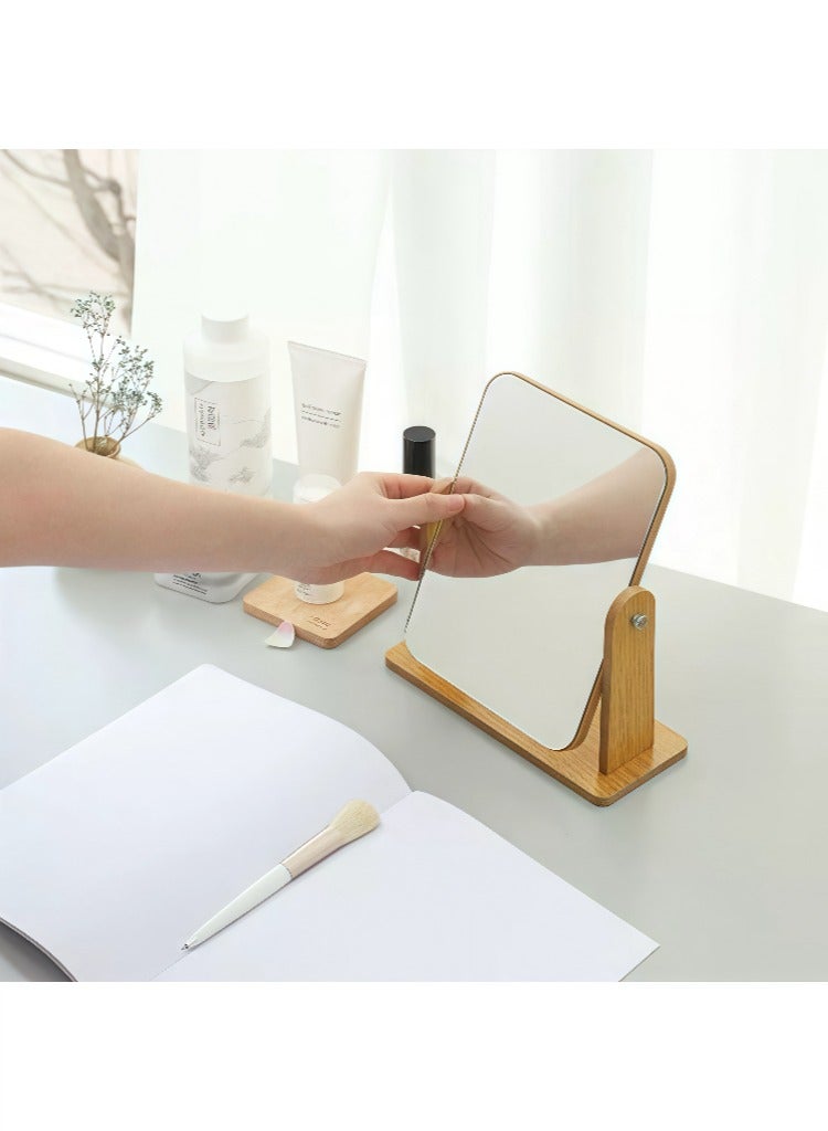 مرآة زينة خشبية للمكتب، مرآة مكياج، مرآة طاولة الزينة، مرآة سطح المكتب دوارة 360 درجة، مرآة مربعة 20.5 × 18 سم، لطاولة الزينة، المكتب، الحمام، غرفة النوم، لون الخشب، تركيب يدوي - Image 3