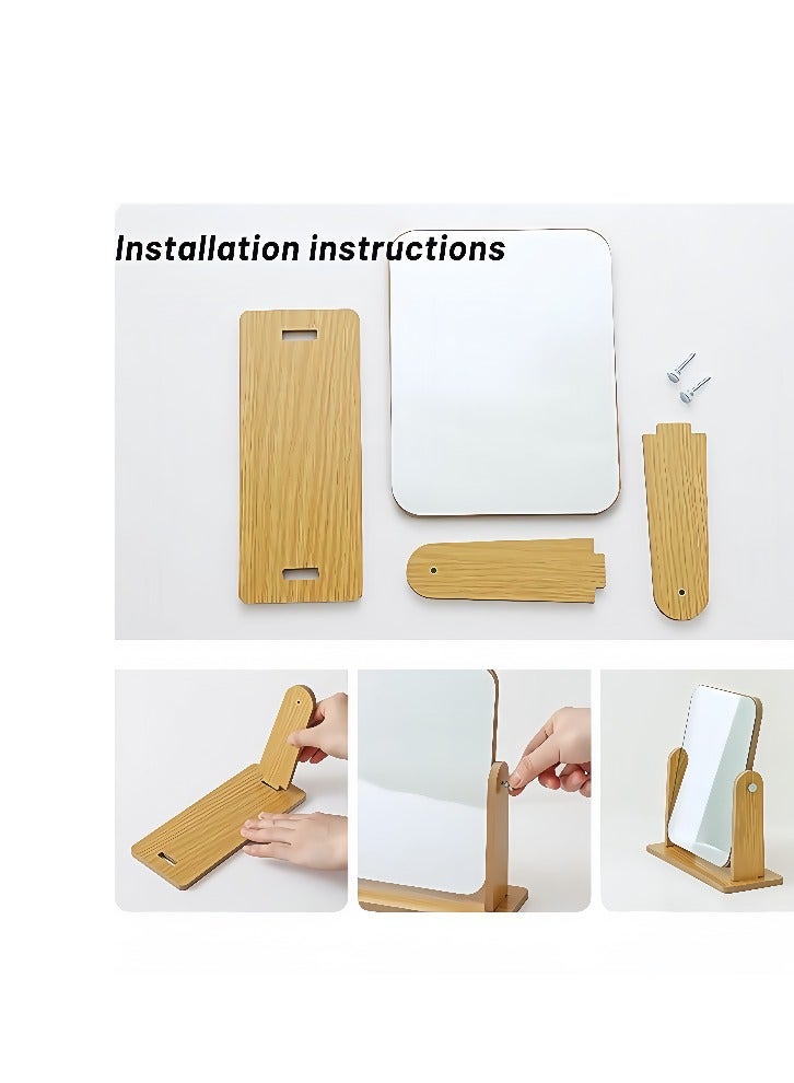 مرآة زينة خشبية للمكتب، مرآة مكياج، مرآة طاولة الزينة، مرآة سطح المكتب دوارة 360 درجة، مرآة مربعة 20.5 × 18 سم، لطاولة الزينة، المكتب، الحمام، غرفة النوم، لون الخشب، تركيب يدوي - Image 4