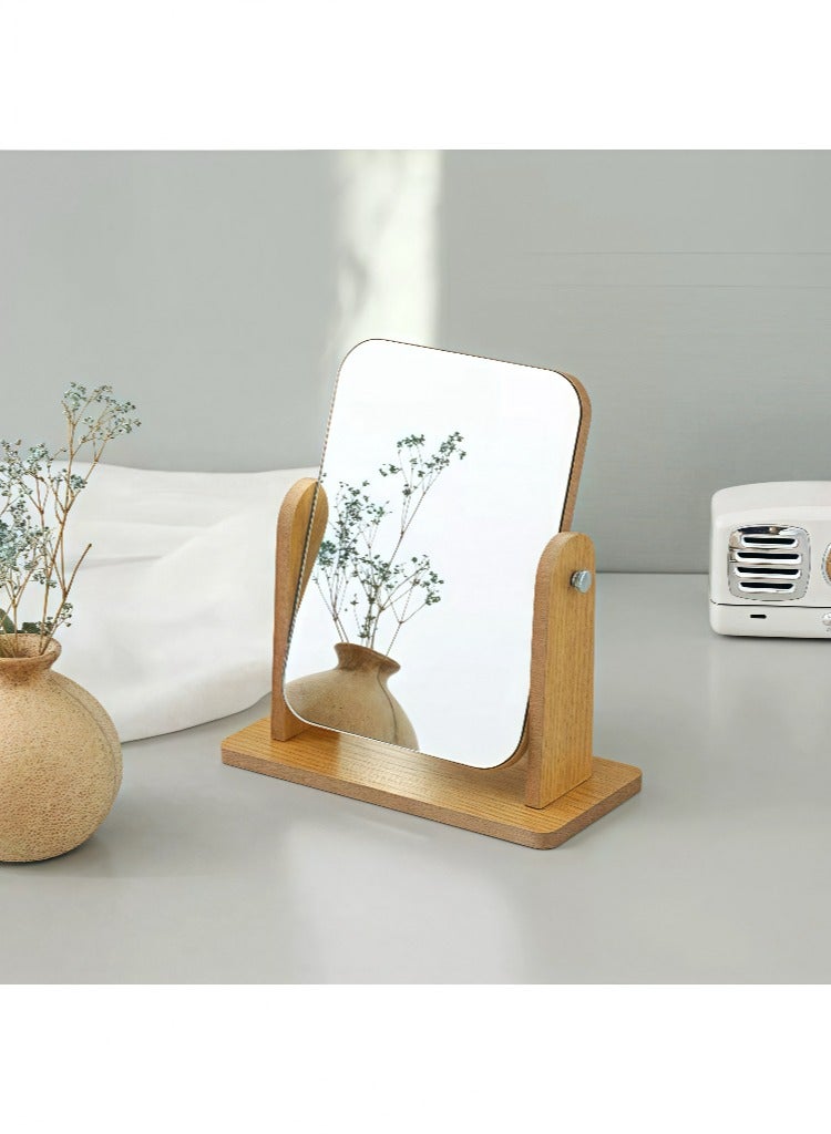 مرآة زينة خشبية للمكتب، مرآة مكياج، مرآة طاولة الزينة، مرآة سطح المكتب دوارة 360 درجة، مرآة مربعة 20.5 × 18 سم، لطاولة الزينة، المكتب، الحمام، غرفة النوم، لون الخشب، تركيب يدوي - Image 5