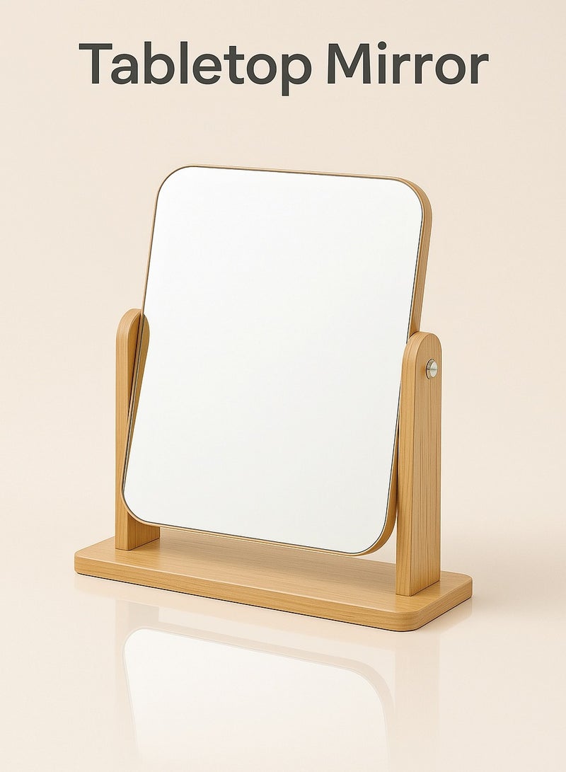 مرآة زينة خشبية للمكتب، مرآة مكياج، مرآة طاولة الزينة، مرآة سطح المكتب دوارة 360 درجة، مرآة مربعة 20.5 × 18 سم، لطاولة الزينة، المكتب، الحمام، غرفة النوم، لون الخشب، تركيب يدوي - Image 1