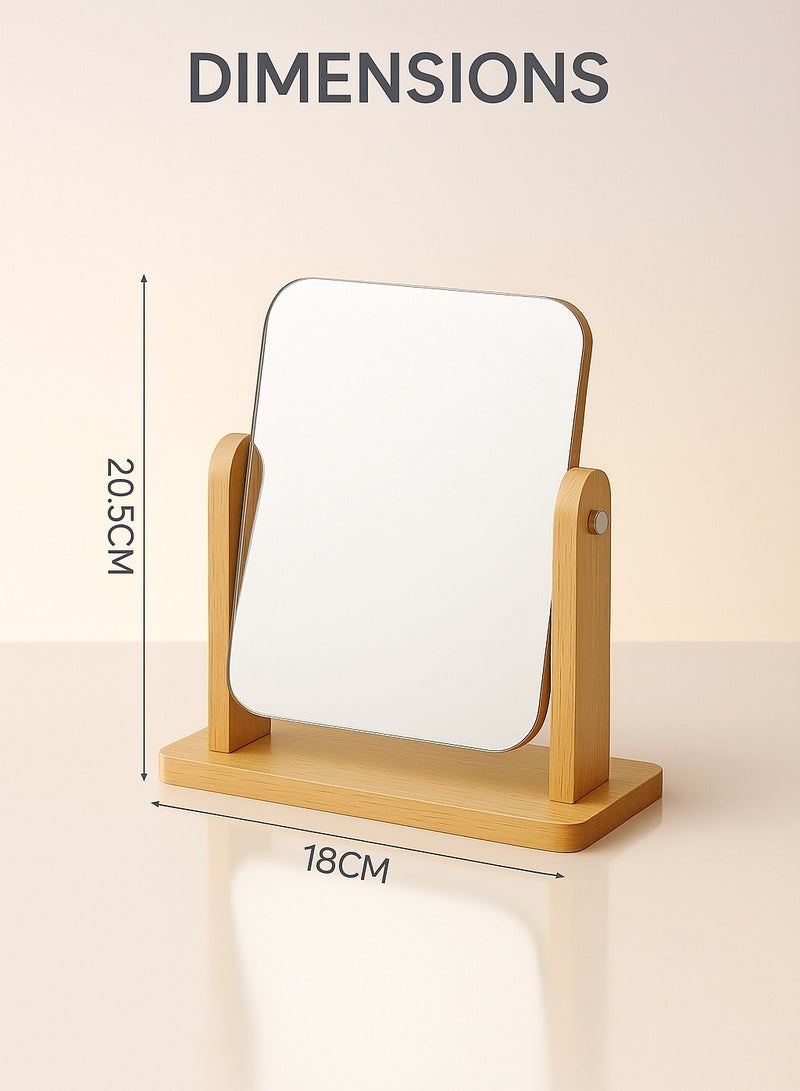 مرآة زينة خشبية للمكتب، مرآة مكياج، مرآة طاولة الزينة، مرآة سطح المكتب دوارة 360 درجة، مرآة مربعة 20.5 × 18 سم، لطاولة الزينة، المكتب، الحمام، غرفة النوم، لون الخشب، تركيب يدوي - Image 2