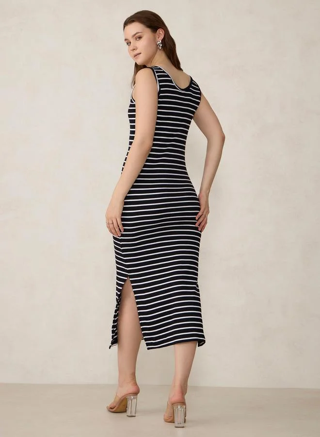 Outzidr  Black Striped Knit Tank Midi Dress for Women | Best Price UAE