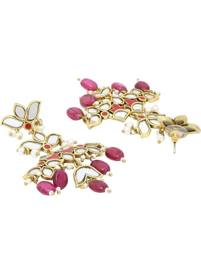 VOYLLA Voylla Oxidised Brass Lotus Motif Dangler Earrings with pearlyy Beads for Women's/Girls,