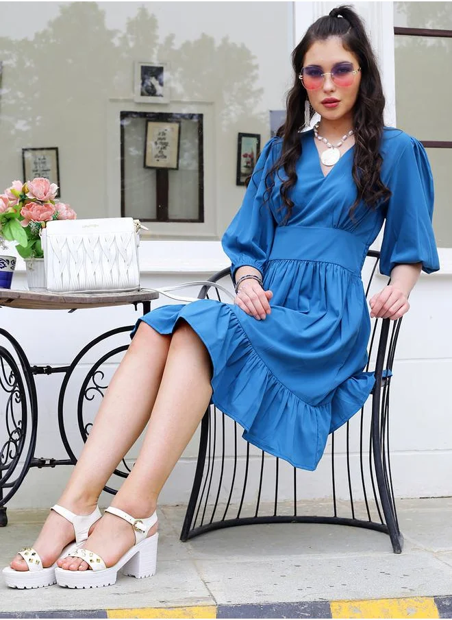Sera Solid V Neck Ruffle Hem A-Line Mini Dress by Styli