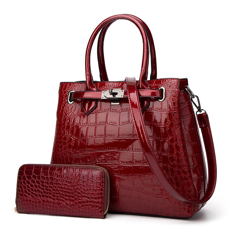 Crocodile pattern patent leather womens bag 2021 new two-piece portable shoulder diagonal bag womens wholesale factory hair Burgundy