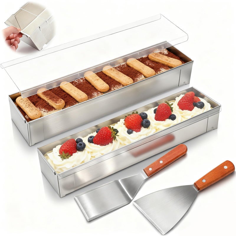 Blushtier 2 Pack Nonstick Rectangle Tiramisu Cake Pan with Acrylic Lid and 2 Metal Spatula Removable Frame 304 Stainless Steel Cake Baking Molds for Tiramisu Cheesecake Mousse - Image 1