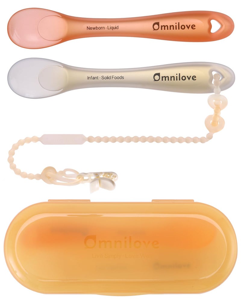 Omnilove Silicone Baby Spoons 2-Pack with Case, New Born Self Feeding Toddler Spoon, Baby Led Weaning Supplies, Toddler Utensils with Safety Chain, Baby Eating Essentials, Dishwasher Safe - Image 1