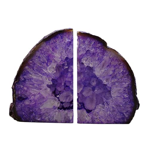 JIC Gem Dyed Purple Natural Agate Bookends Polished Stone Book Ends Crystal Geode Bookends for Shelves to Hold Books with Rubber Bumpers(1 Pair, 3-4 LBS) - Image 1