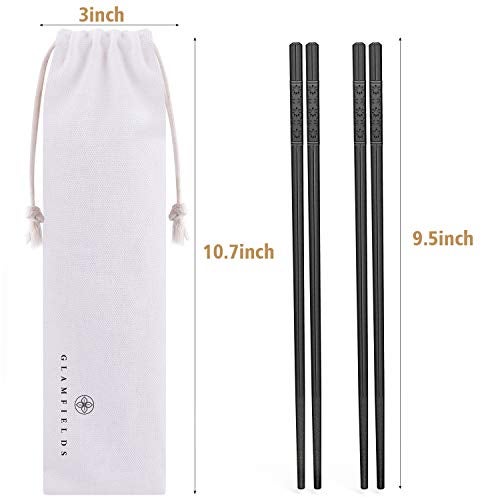 GLAMFIELDS 5 Pairs Fiberglass Chopsticks, GLAMFIELDS Reusable Japanese Chinese Chop sticks Dishwasher Safe, Non-slip, 9 1/2 inches - Black with Multi-purpose Drawstring Bag Carrying Case - Image 2