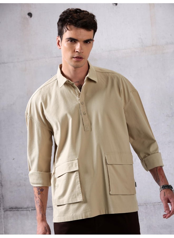 Beyoung Beige Oversized Urban Shirt for Men  - Image 1