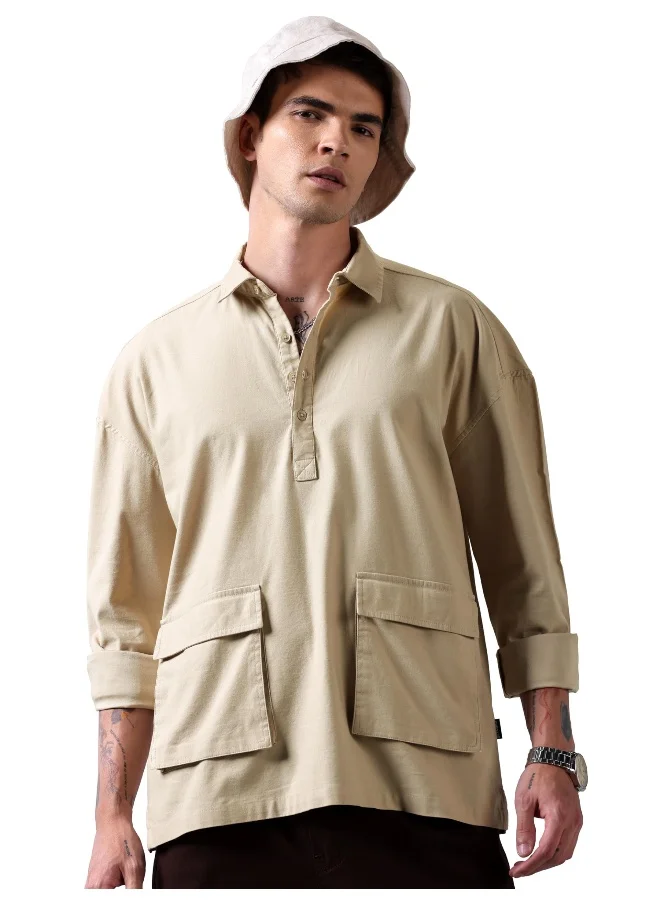 Beyoung Beige Oversized Urban Shirt for Men