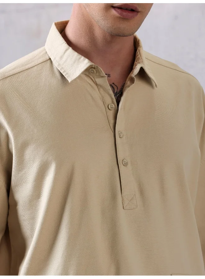 Beyoung Beige Oversized Urban Shirt for Men