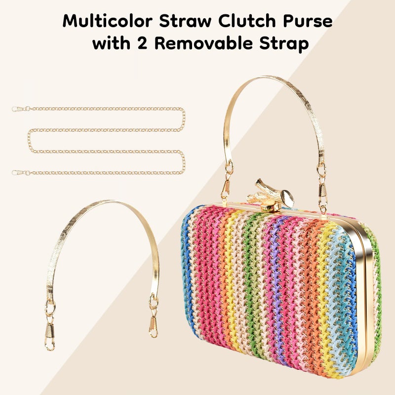PACETAP Women's Evening Bag Clutch Purse, Rainbow Color Straw Handbag Shoulder Bag with Detachable Strap Chain for Wedding Party Prom Dinner - Image 3