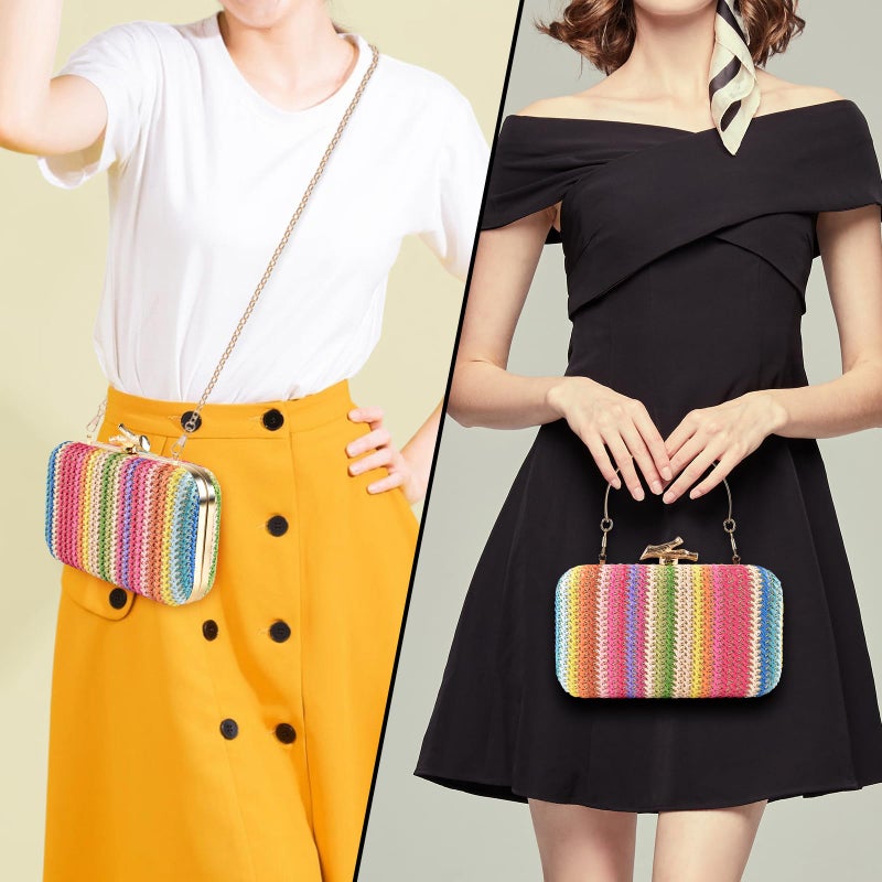 PACETAP Women's Evening Bag Clutch Purse, Rainbow Color Straw Handbag Shoulder Bag with Detachable Strap Chain for Wedding Party Prom Dinner - Image 2
