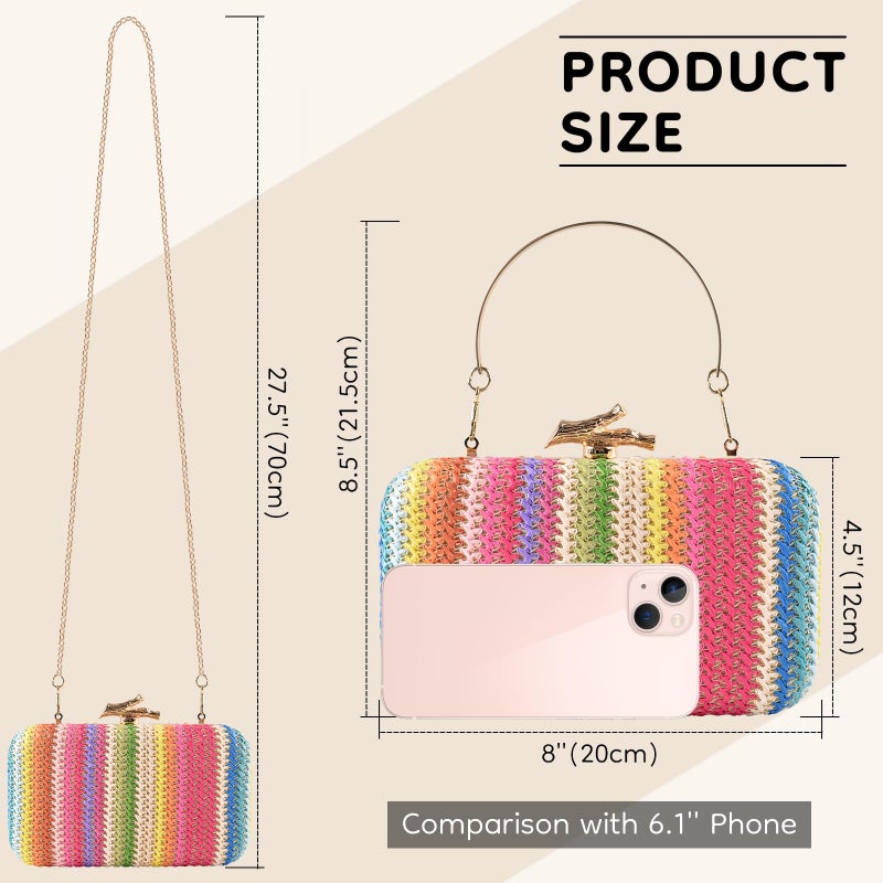 PACETAP Women's Evening Bag Clutch Purse, Rainbow Color Straw Handbag Shoulder Bag with Detachable Strap Chain for Wedding Party Prom Dinner - Image 4