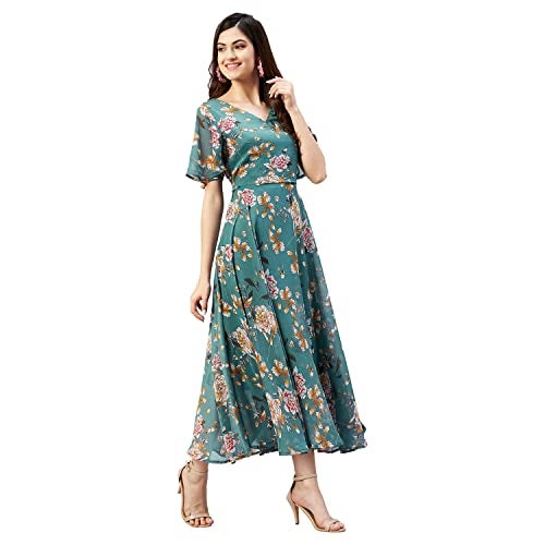 Rare Women Casual Teal Colour Calf Length Fit and Flare Floral Dress, Medium - Image 3