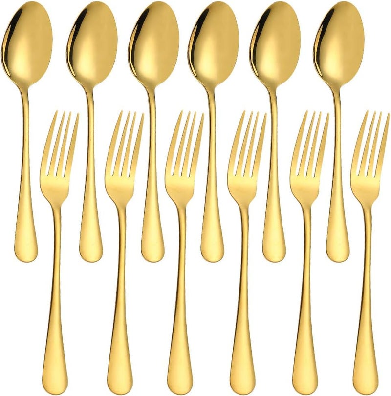 findTop Set of 12, Gold Plated Stainless Steel Dinner Forks and Spoons, Heavy-duty Forks (8 Inch) and Spoons (7 Inch) Cutlery Set- Gold - Image 1