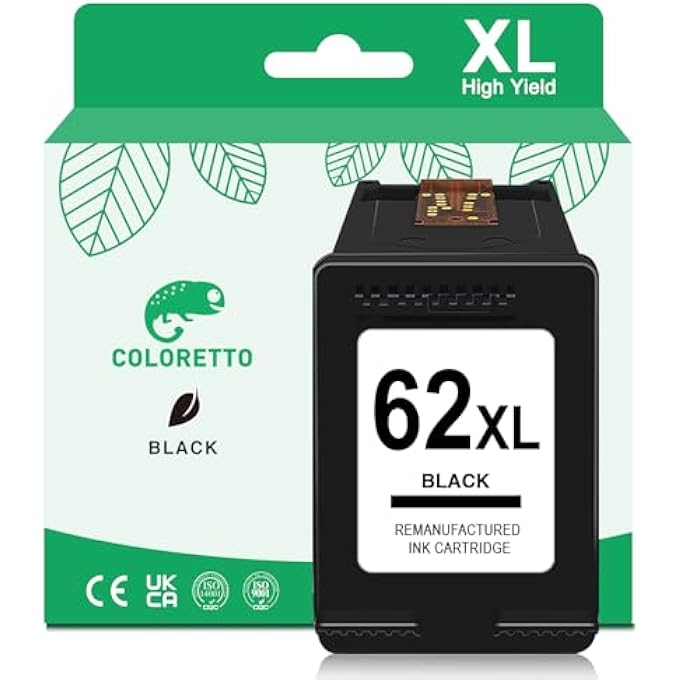 COLORETTO 62XL REMANUFACTURED PRINTER INK CARTRIDGE REPLACEMENT FOR HP 62 XL (1 BLACK) HIGH YIELD TO USE WITH ENVY 5548 5646 5660 5665 7640 7643 7644 7645 8000 8005 COMBO PACK - Image 2