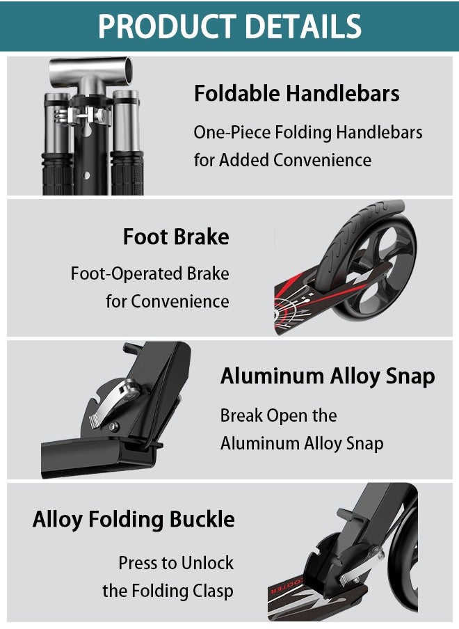 Arabest Kick Scooter, Foldable Commuter Scooter with Anti-Shock Suspension, 3-Level Adjustable Height Handlebar Push Scooter with Large Wheels for Kids, Teen and Adults(Black)  - Image 5