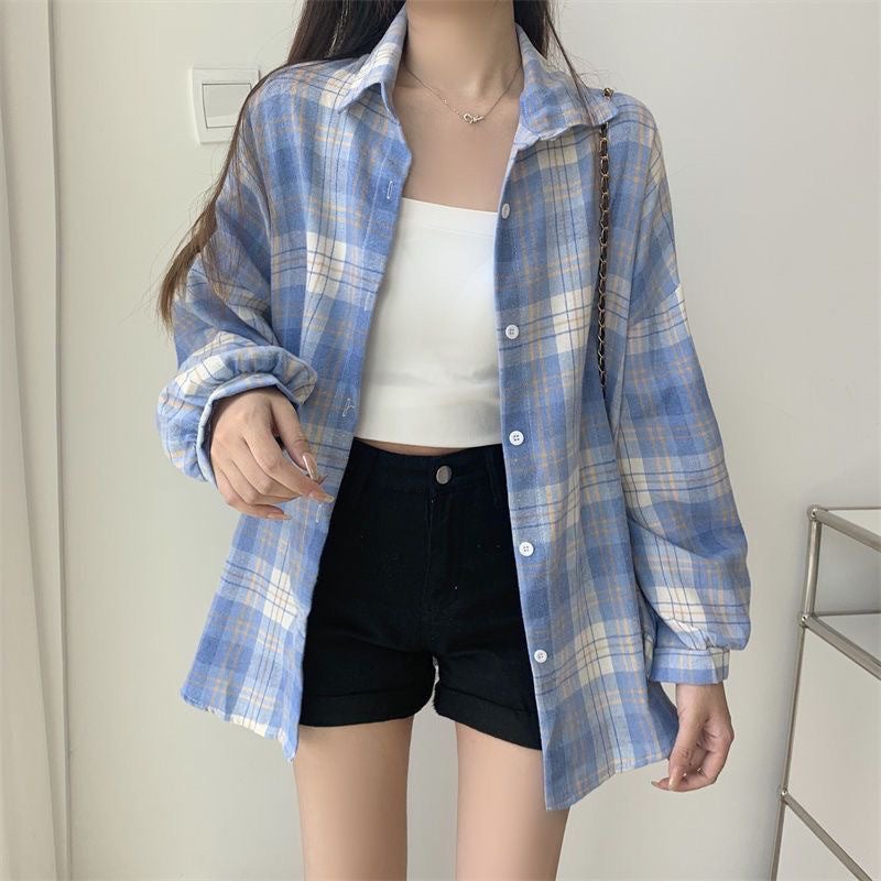Plaid Shirt Women'S 2025 Spring & Fall New Korean Style Loose Long-Sleeved Brushed Retro Student Shirt Loose Jacket - Image 1