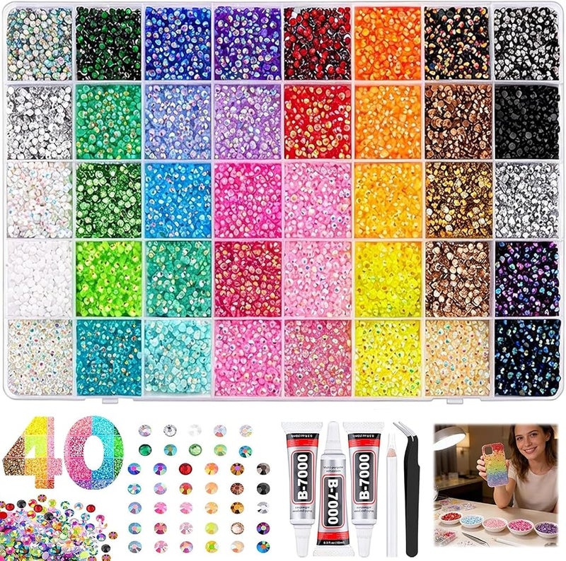 AOHRYME 36000Pcs Resin Jelly Rhinestones for Bedazzling, Multicolor 3mm Flatback Gems for Diamond Art, Bedazzler Kit with 3Pcs 10ml B7000 Jewelry Glue for Bedazzle Thing Crafting Book Nail Art (40 Colors) - Image 1
