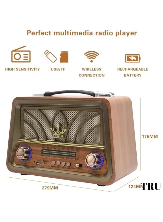 راديو أنتيكة كلاسيكي مع بلوتوث وUSB وكارت TF وراديو FM/AM – سماعة محمولة بتصميم خشبي فاخر - Image 4