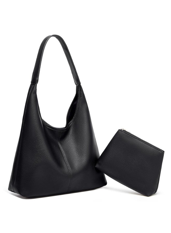 Black PU Leather Slouchy Hobo Shoulder Bag for Women, Large Capacity Tote Handbag 2-Piece Set with Crossbody Strap - Image 1