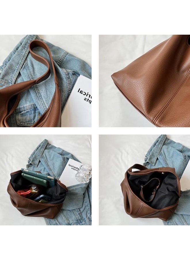Black PU Leather Slouchy Hobo Shoulder Bag for Women, Large Capacity Tote Handbag 2-Piece Set with Crossbody Strap - Image 4