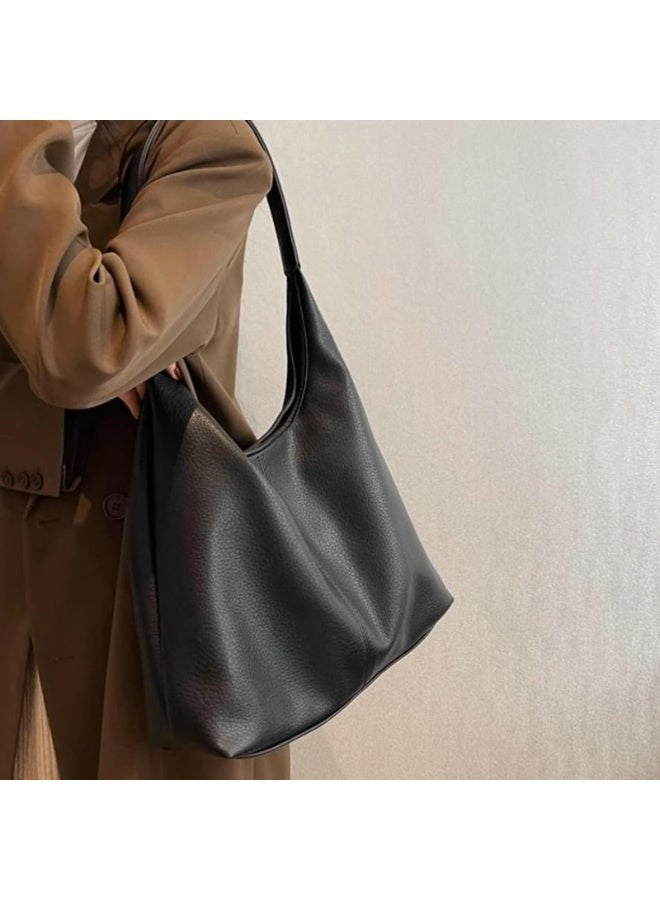 Black PU Leather Slouchy Hobo Shoulder Bag for Women, Large Capacity Tote Handbag 2-Piece Set with Crossbody Strap - Image 2