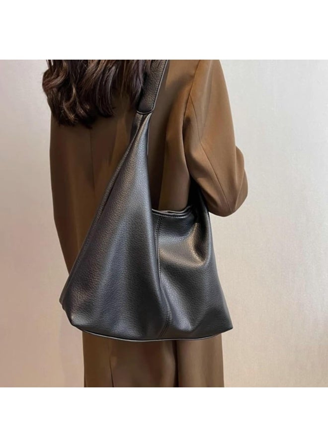Black PU Leather Slouchy Hobo Shoulder Bag for Women, Large Capacity Tote Handbag 2-Piece Set with Crossbody Strap - Image 3