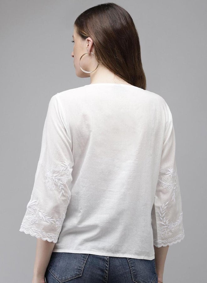 آي شين بلوزة نسائية قطنية بيضاء مطرزة - Image 4