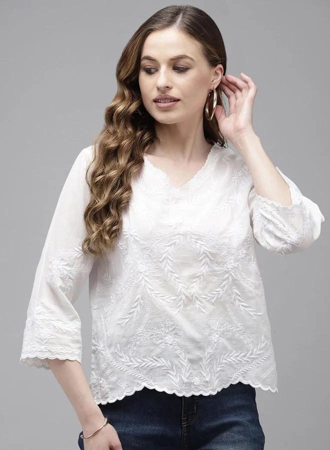 ISHIN ISHIN Women Cotton White Embroidered Top