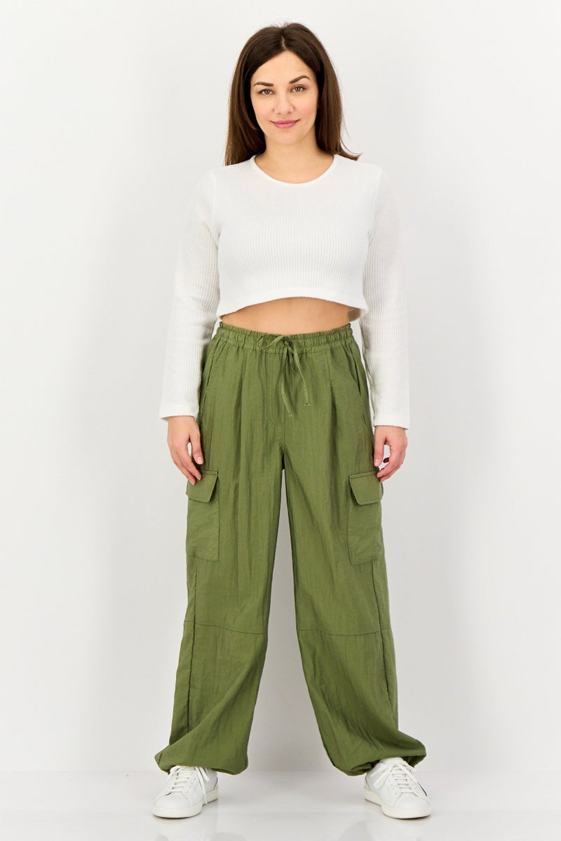 promod Women Regular Fit Plain Cargo Pants, Sage Green - Image 3