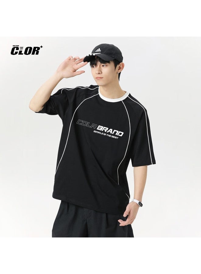 Clor Men's American Style Sports T-shirt Summer Casual Loose Top Color-block Trend Short Sleeve Dxc02 Black 4XL - Image 2