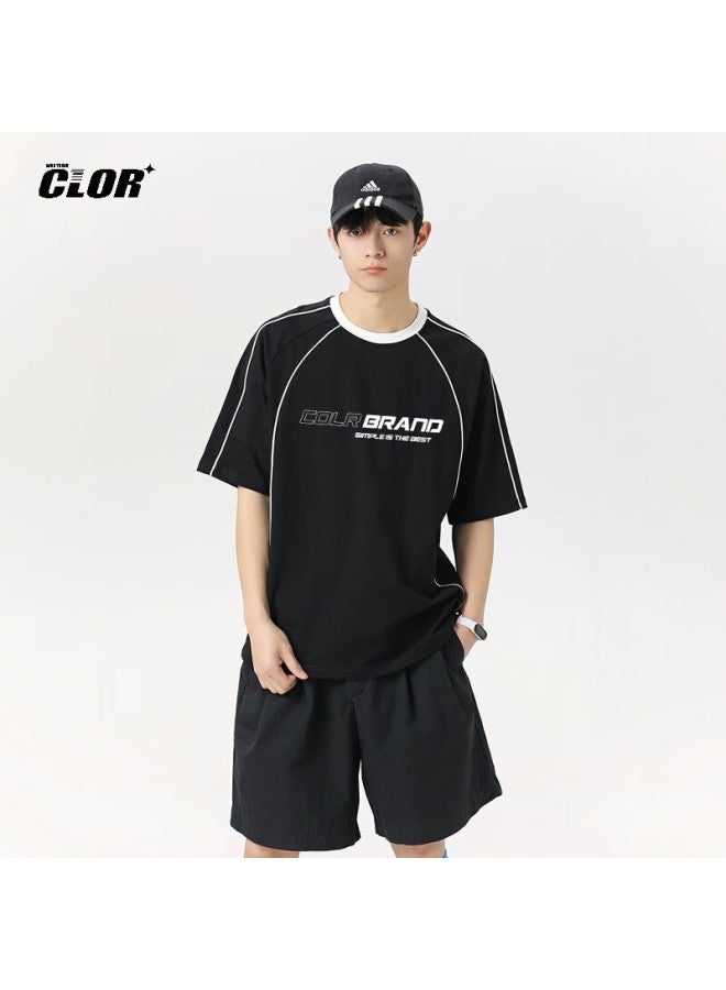 Clor Men's American Style Sports T-shirt Summer Casual Loose Top Color-block Trend Short Sleeve Dxc02 Black 4XL - Image 4