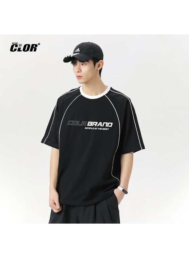 Clor Men's American Style Sports T-shirt Summer Casual Loose Top Color-block Trend Short Sleeve Dxc02 Black 4XL - Image 3