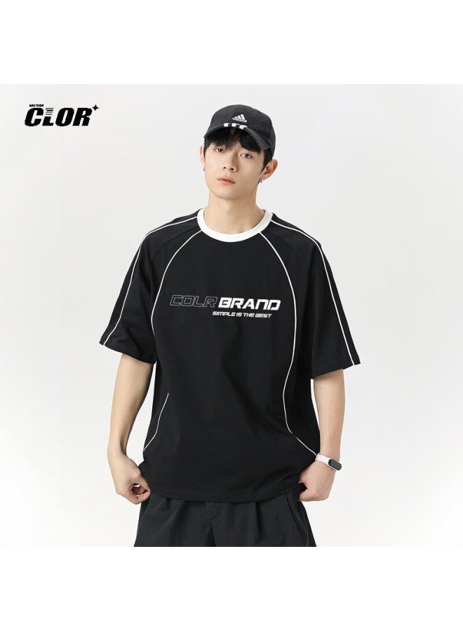 Clor Men's American Style Sports T-shirt Summer Casual Loose Top Color-block Trend Short Sleeve Dxc02 Black 4XL - Image 1