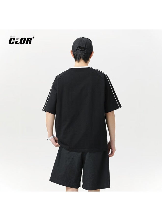 Clor Men's American Style Sports T-shirt Summer Casual Loose Top Color-block Trend Short Sleeve Dxc02 Black 4XL - Image 5